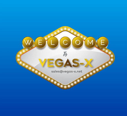 Welcome to Vegas-X sign styled like the Las Vegas welcome board on blue background