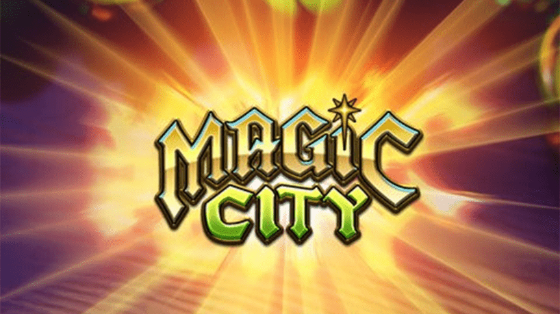 Magic City slot game logo with golden sunburst background