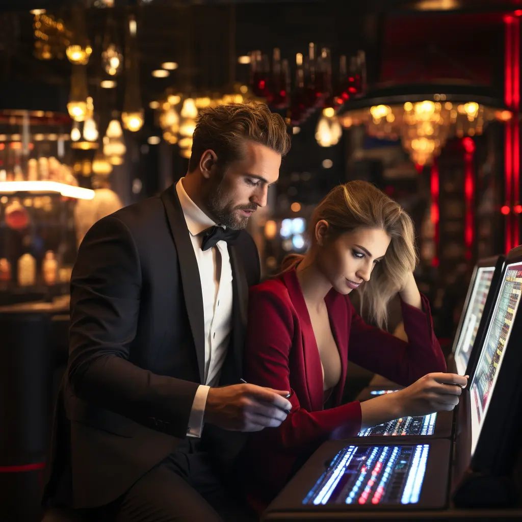 Elegant couple gambling at casino slot machine