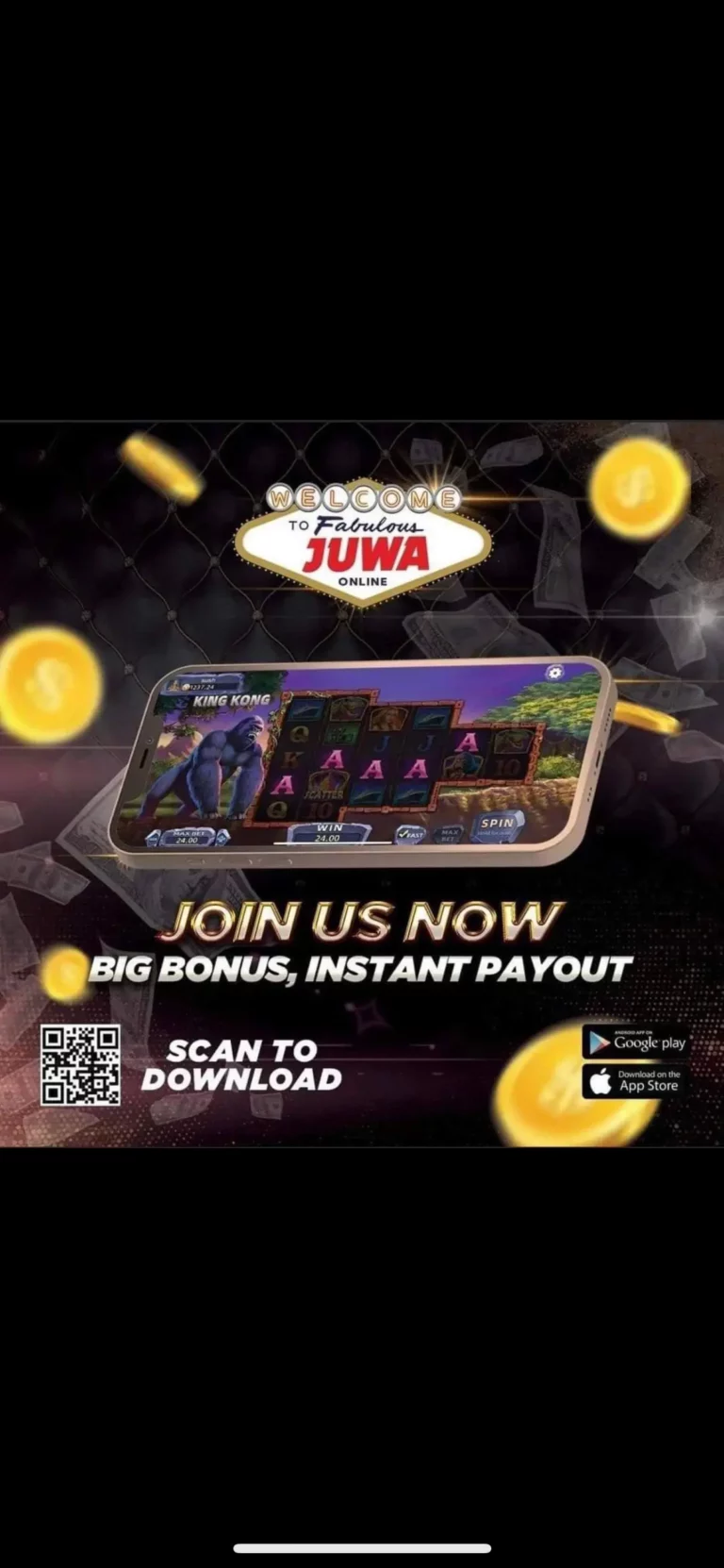 Juwa casino promotion banner with bonus and instant payout message