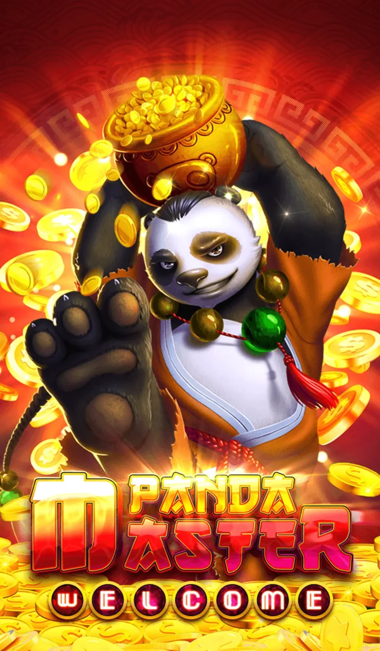 Panda-themed slot game character with gold coins