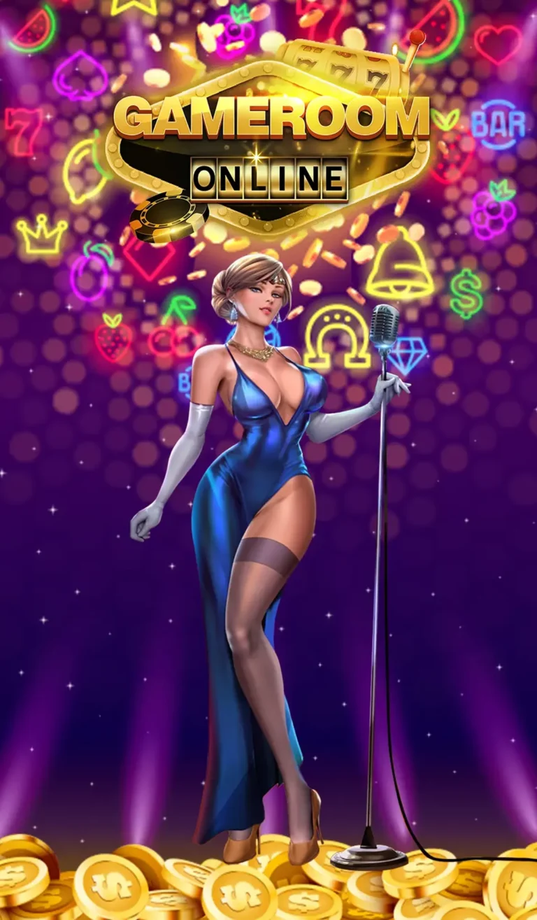 Casino hostess illustration with neon icons background