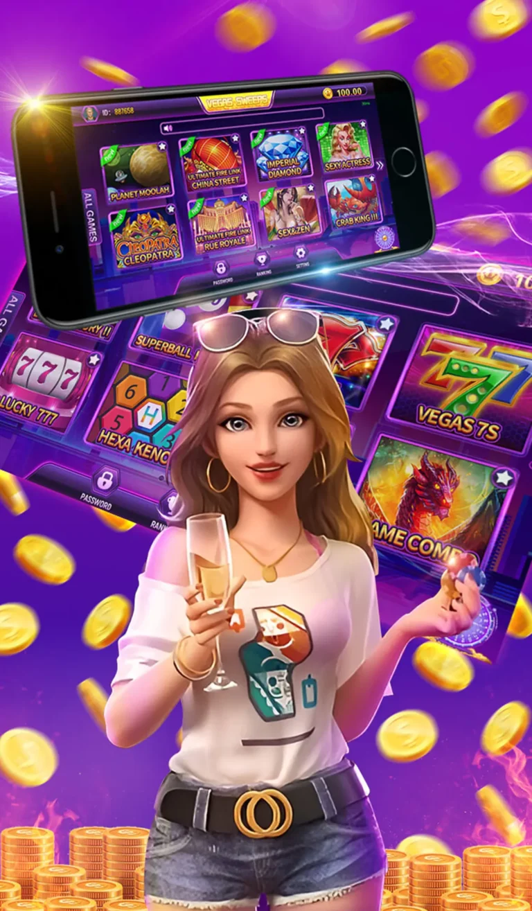 Woman holding smartphone with slot games on screen