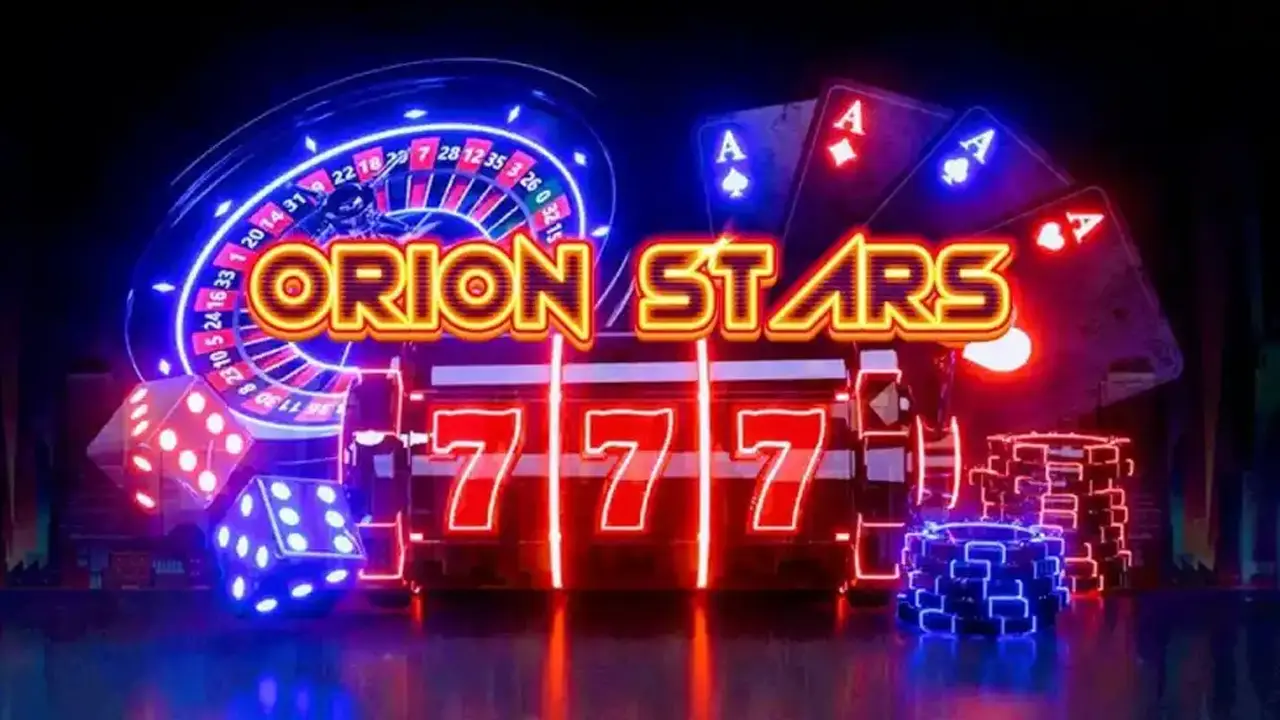 Orion Stars 777 neon slot machine logo