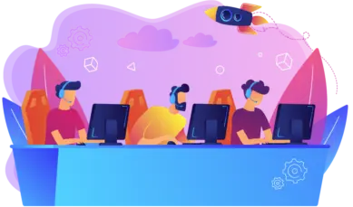 Customer support team illustration with headsets at computers