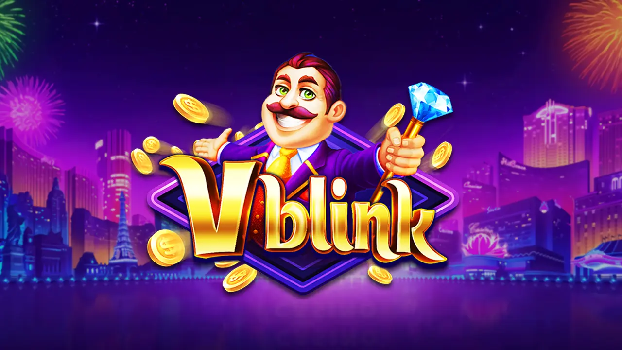Vblink casino logo with cartoon character holding diamond
