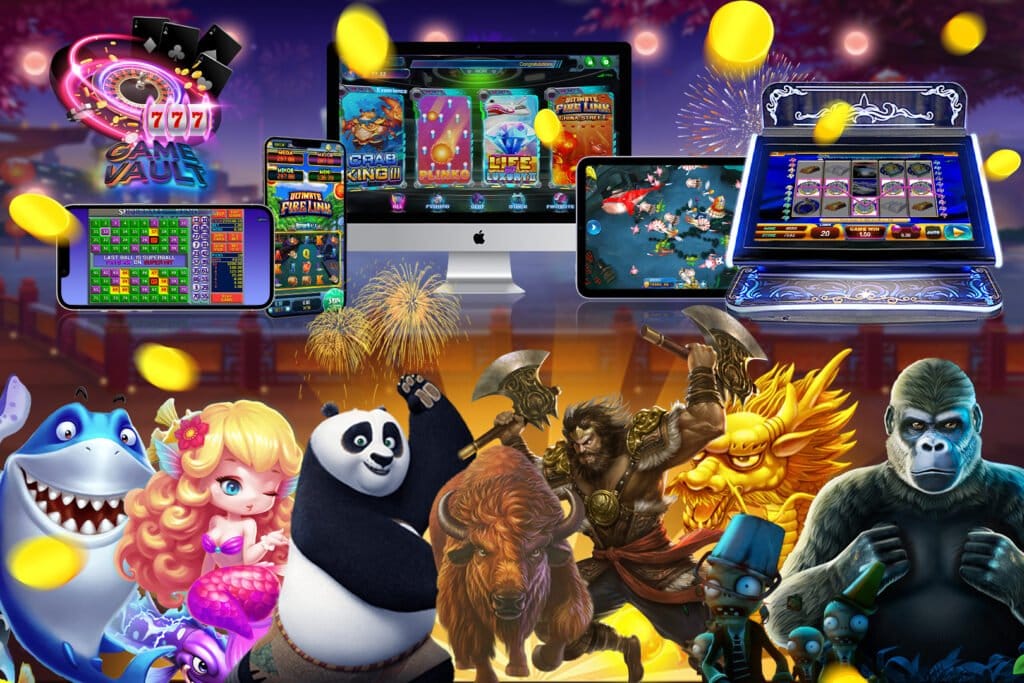 Online casino games displayed on desktop and mobile devices with animated characters