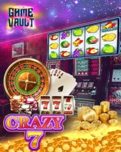 Crazy 777 slot machine game screen with roulette wheel and gold coins