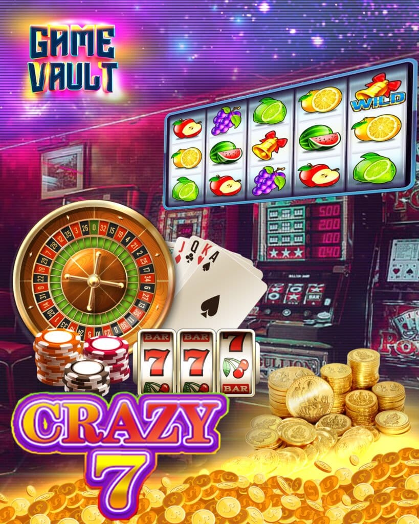 Crazy 777 slot machine game screen with roulette wheel and gold coins
