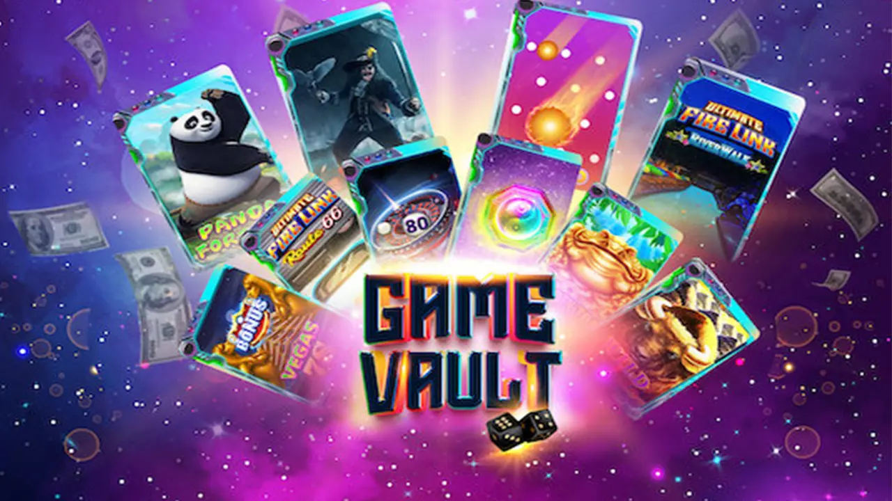 Game Vault casino app promotional image with smartphones and colorful icons