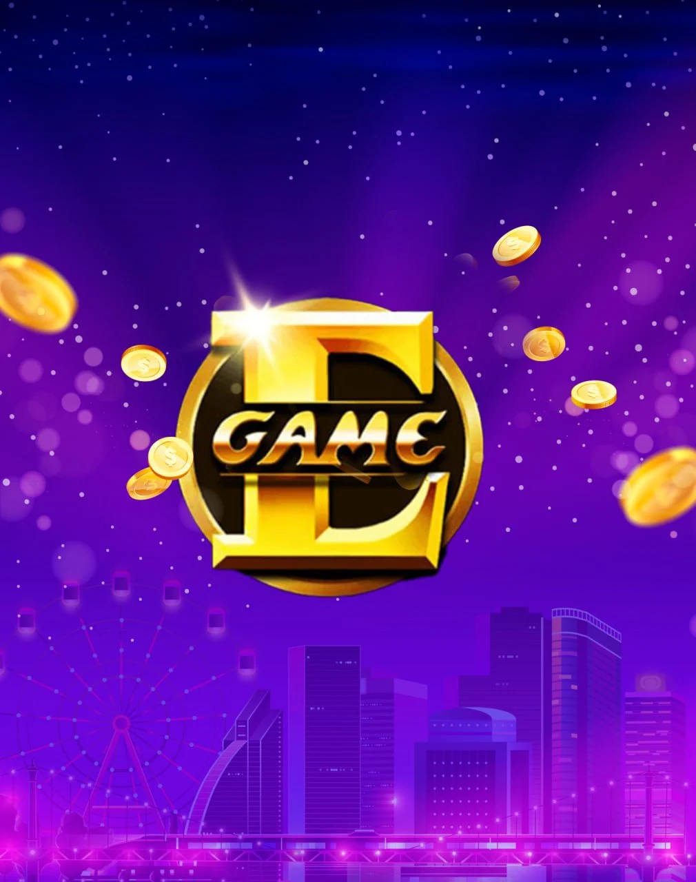 Game E gold casino logo on purple skyline background