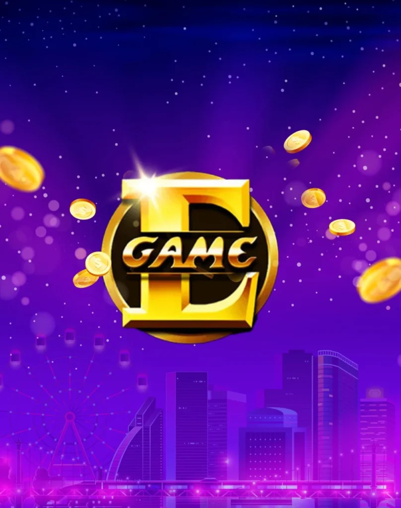 Game E gold casino logo on purple city skyline background