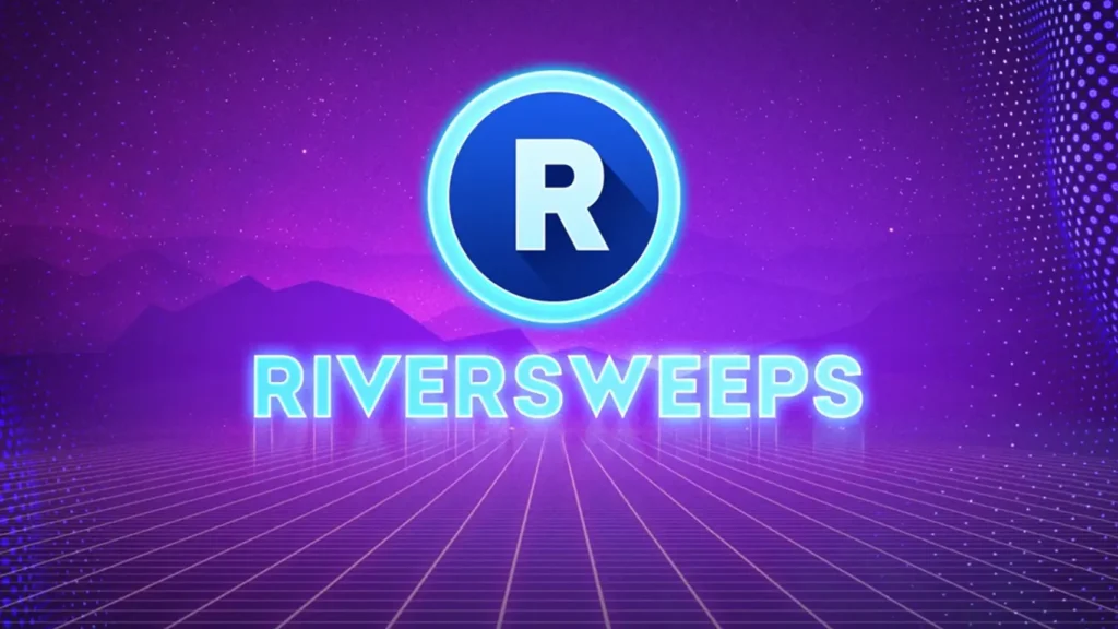 Riversweeps logo with blue “R” icon on purple neon grid background